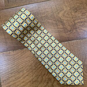 Pfizer Mens Silk Necktie Gold Navy Blue Geometric Logo Print Corporate Tie
